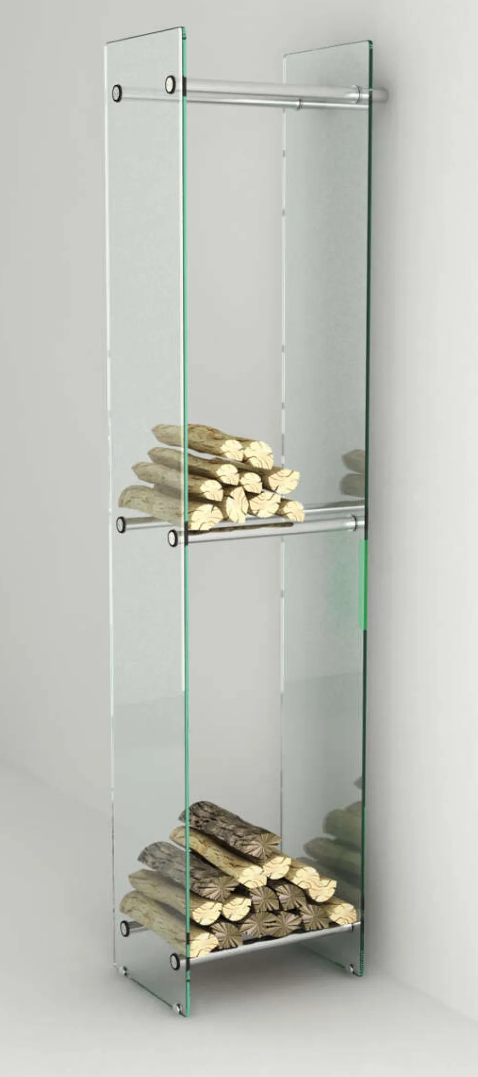 Tolmer veggmontert vedstabler i glass